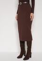 Brązowa Ołówkowa Spódnica z Wiskozą Zdobiona Rozcięciem i Paskiem Rowedela