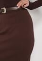 Brązowa Ołówkowa Spódnica z Wiskozą Zdobiona Rozcięciem i Paskiem Rowedela