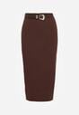 Brązowa Ołówkowa Spódnica z Wiskozą Zdobiona Rozcięciem i Paskiem Rowedela