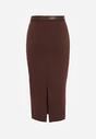 Brązowa Ołówkowa Spódnica z Wiskozą Zdobiona Rozcięciem i Paskiem Rowedela