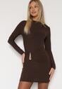Brązowa Dopasowana Sukienka Ozdobiona Metalicznymi Aplikacjami Vetimala