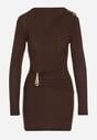 Brązowa Dopasowana Sukienka Ozdobiona Metalicznymi Aplikacjami Vetimala