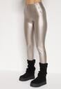 Szampańskie Legginsy z Ekoskóry z Guzikami Wysokim Stanem i Gumką w Talii Sintheria