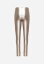 Szampańskie Legginsy z Ekoskóry z Guzikami Wysokim Stanem i Gumką w Talii Sintheria