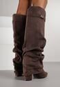 Brązowe Kozaki na Słupku z Marszczoną Cholewką Imitującą Nogawkę Rittia