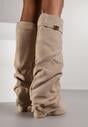 Ciemnobeżowe Kozaki na Słupku z Marszczoną Cholewką Imitującą Nogawkę Rittia