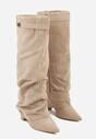 Ciemnobeżowe Kozaki na Słupku z Marszczoną Cholewką Imitującą Nogawkę Rittia