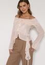 Jasnobeżowa Siateczkowa Bluzka z Bawełny i Wiskozy z Odkrytymi Ramionami Fenikka