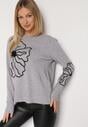 Szary Sweter Ozdobiony Haftowanymi Kwiatami Halatusea