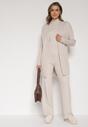 Beżowy Dzianinowy Komplet z Wiskozą Spodnie Bluzka z Półgolfem i Kardigan Vetisena