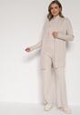 Beżowy Dzianinowy Komplet z Wiskozą Spodnie Bluzka z Półgolfem i Kardigan Vetisena