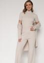 Beżowy Dzianinowy Komplet z Wiskozą Spodnie Bluzka z Półgolfem i Kardigan Vetisena
