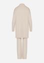 Beżowy Dzianinowy Komplet z Wiskozą Spodnie Bluzka z Półgolfem i Kardigan Vetisena