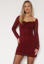 Bordowa Koronkowa Sukienka o Dopasowanym Kroju z Kwadratowym Dekoltem Tiwedesa