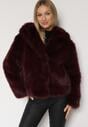 Bordowa Kurtka Futrzana z Nieodpinanym Kapturem Vetirire