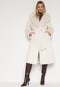 Biały Futerkowy Płaszcz z Szerokim Kołnierzem i Mankietami z Wiązanym Paskiem Viaruna