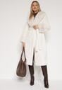 Biały Futerkowy Płaszcz z Szerokim Kołnierzem i Mankietami z Wiązanym Paskiem Viaruna