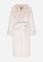 Biały Futerkowy Płaszcz z Szerokim Kołnierzem i Mankietami z Wiązanym Paskiem Viaruna