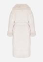 Biały Futerkowy Płaszcz z Szerokim Kołnierzem i Mankietami z Wiązanym Paskiem Viaruna