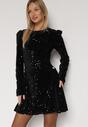 Czarna Cekinowa Sukienka Koktajlowa z Geometrycznymi Ramionami Reffera