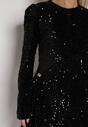 Czarna Cekinowa Sukienka Koktajlowa z Geometrycznymi Ramionami Reffera