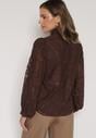 Brązowa Koronkowa Koszula z Bufiastymi Rękawami i Kokardą przy Dekolcie Sewane