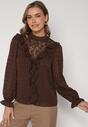 Brązowa Bluzka Zdobiona Koronką Falbankami i Metaliczną Nicią Feralea