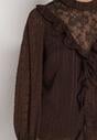 Brązowa Bluzka Zdobiona Koronką Falbankami i Metaliczną Nicią Feralea