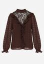 Brązowa Bluzka Zdobiona Koronką Falbankami i Metaliczną Nicią Feralea