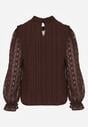 Brązowa Bluzka Zdobiona Koronką Falbankami i Metaliczną Nicią Feralea