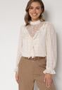 Beżowa Bluzka Zdobiona Koronką Falbankami i Metaliczną Nicią Feralea