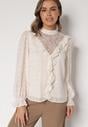 Beżowa Bluzka Zdobiona Koronką Falbankami i Metaliczną Nicią Feralea