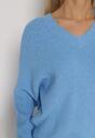 Niebieski Sweter z Domieszką Kaszmiru z Dekoltem w Serek Feralaine