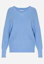 Niebieski Sweter z Domieszką Kaszmiru z Dekoltem w Serek Feralaine