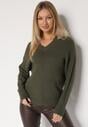 Ciemnozielony Sweter z Domieszką Kaszmiru z Dekoltem w Serek Feralaine