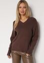 Brązowy Sweter z Domieszką Kaszmiru z Dekoltem w Serek Feralaine