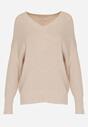 Beżowy Sweter z Domieszką Kaszmiru z Dekoltem w Serek Feralaine