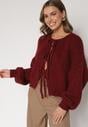 Bordowy Kardigan Oversize z Wełną Zdobiony Kokardkami Eleathalie