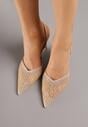 Ciemnobeżowe Siateczkowe Sandały na Szpilce ze Szpiczastym Noskiem z Perełkami Nivafera