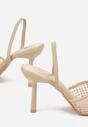 Ciemnobeżowe Siateczkowe Sandały na Szpilce ze Szpiczastym Noskiem z Perełkami Nivafera