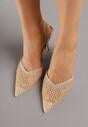 Złote Siateczkowe Sandały na Szpilce ze Szpiczastym Noskiem z Perełkami Nivafera