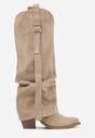 Ciemnobeżowe Kozaki Kowbojki na Stożkowym Obcasie z Wywiniętą Cholewką i Klamrą Naletea