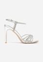 Srebrne Cyrkoniowe Sandały na Szpilce z Przeplatanymi Paseczkami Mirafera