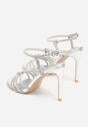 Srebrne Cyrkoniowe Sandały na Szpilce z Przeplatanymi Paseczkami Mirafera