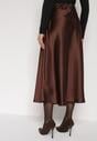 Brązowa Rozkloszowana Midi Spódnica Satynowa Zapinana na Suwak z Gumką w Pasie Williwarne