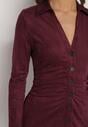 Bordowa Koszulowa Sukienka z Imitacji Zamszu z Marszczeniem w Talii Eselea