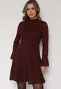 Bordowa Koronkowa Sukienka z Wiązaniem Półgolfem i Falbankami Alnefera