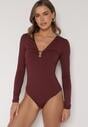 Bordowe Body Ozdobione Aplikacją i Marszczeniem przy Dekolcie Ferenice