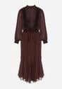 Brązowa Elegancka Sukienka z Bufiastymi Rękawami i Koronkowymi Falbankami Sewlina