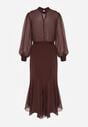 Brązowa Elegancka Sukienka z Bufiastymi Rękawami i Koronkowymi Falbankami Sewlina